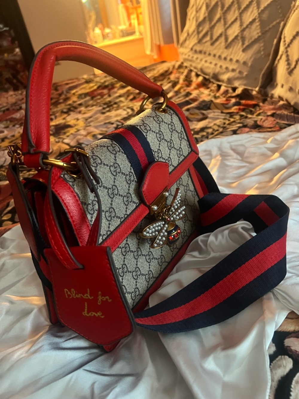 Gucci Red and Navy Bee-Embellished GG Satchel - Picture 5 of 6